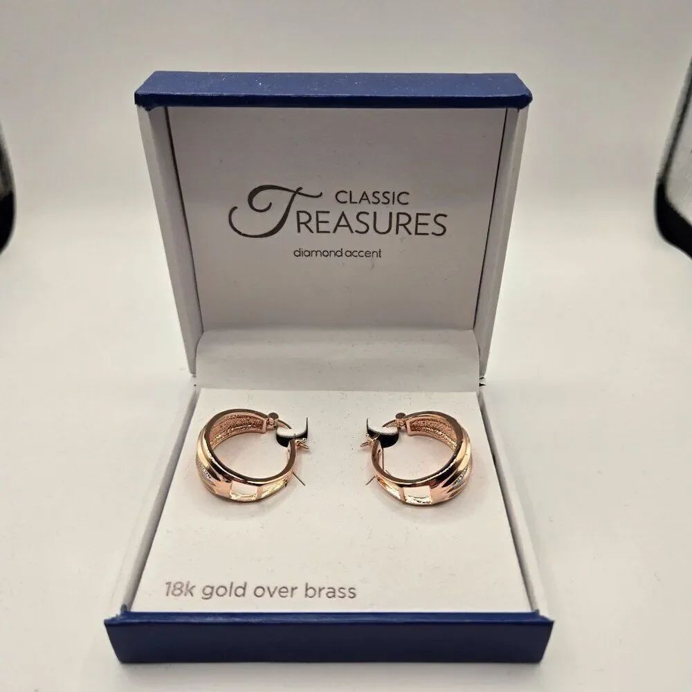 Classic Treasures 18K Rose Gold Over Brass Hoop Earrings Diamond Accents